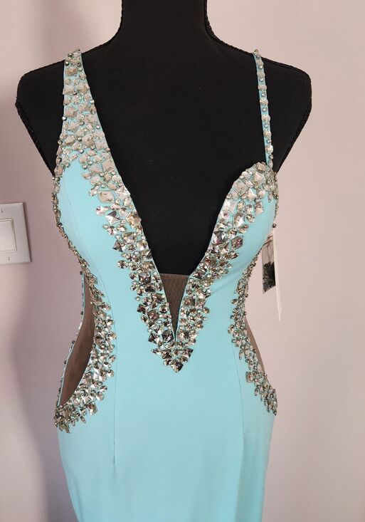 NWT-ONE OF A KIND Jovani Couture Gown Tiffany Blue Slit Dress-Size 4 - Picture 2 of 16
